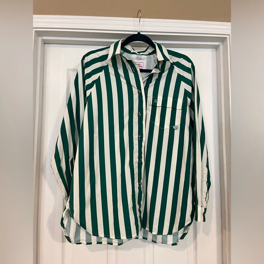 Lady Captain The Captain Shirt Green Cabana Stripe Button Up Fishing Long Sleeve - Picture 2 of 13